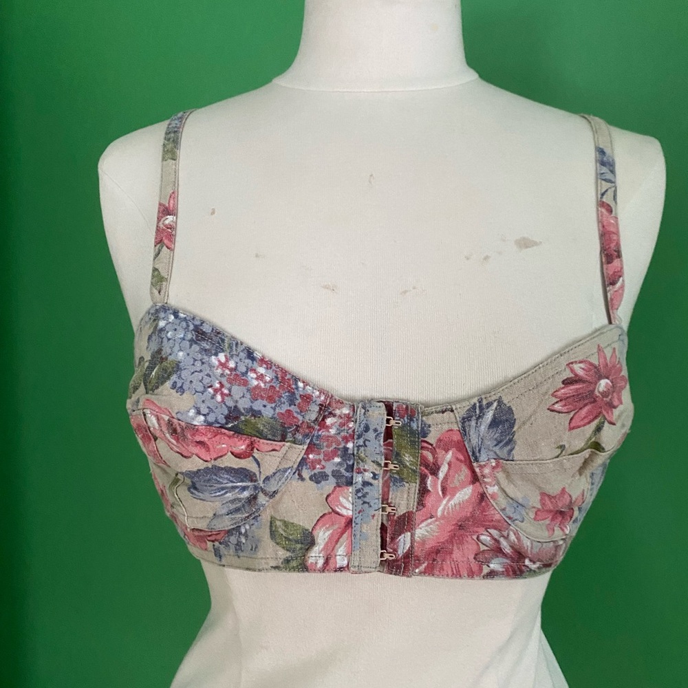 80s 90s vintage Sam Libby linen cotton Floral Bustier bra  Top boho